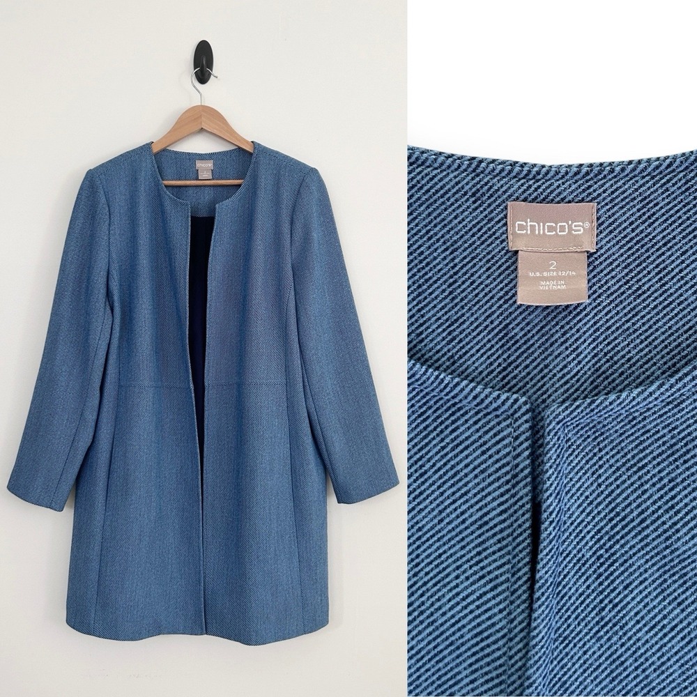Chico's Women's Large Size 2 Blue Elongated Open Front Lined Long Jacket NWOT